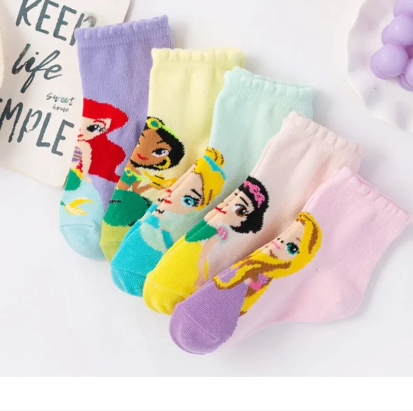 5Pairs Cartoon Disney Princess Socks for Children Girl Spring Autumn Comfortable Breathable Short Socks Kids Baby Socks 2