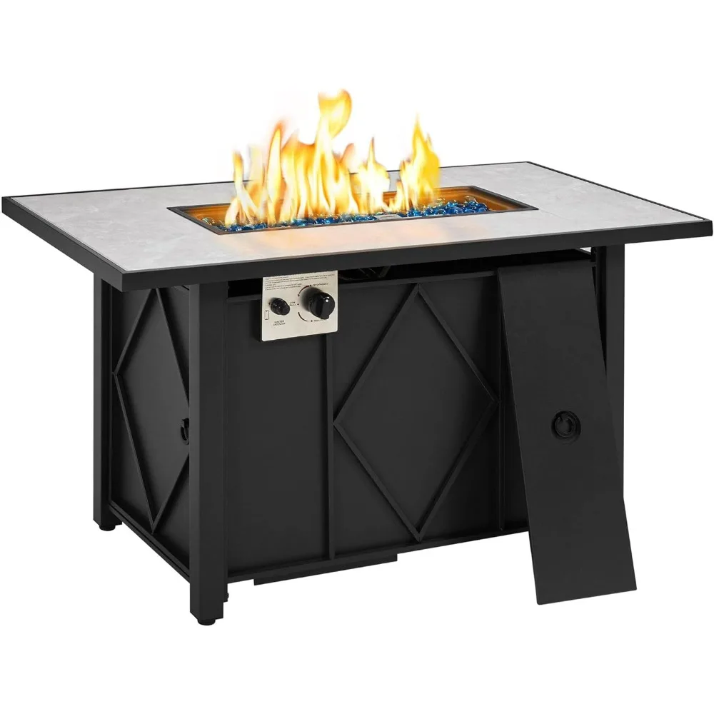 Propane Fire Pit 43 Inch Gas Fire Pit Table, Auto-Ignition 2 in 1 Gas Firepit with Ceramic Tabletop, Glass Stones, FirePits