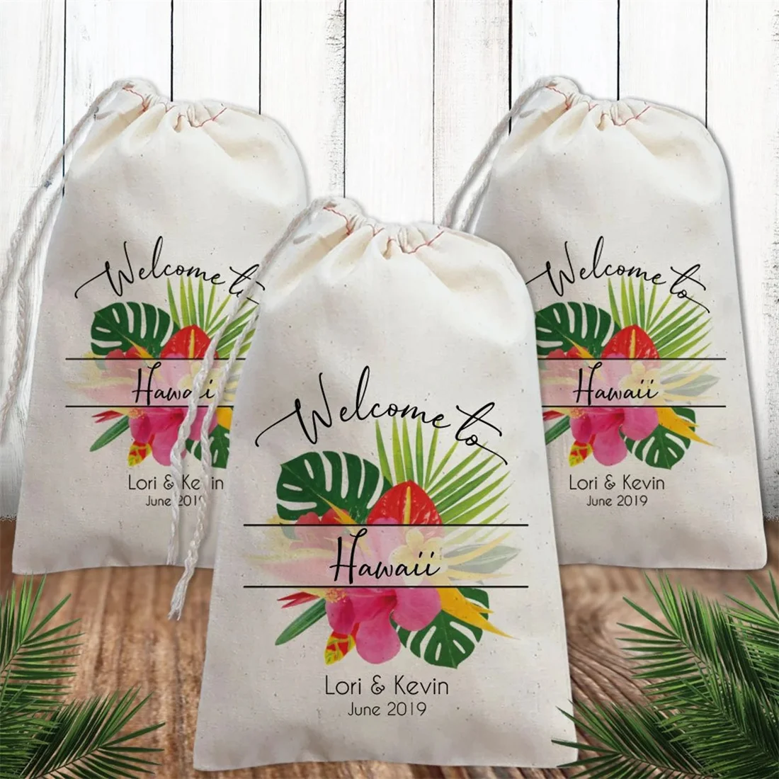 

20pcs Beach Wedding Favor Bags Custom Personalized Tropical Floral Wedding Welcome Bags for Hawaii, Mexico