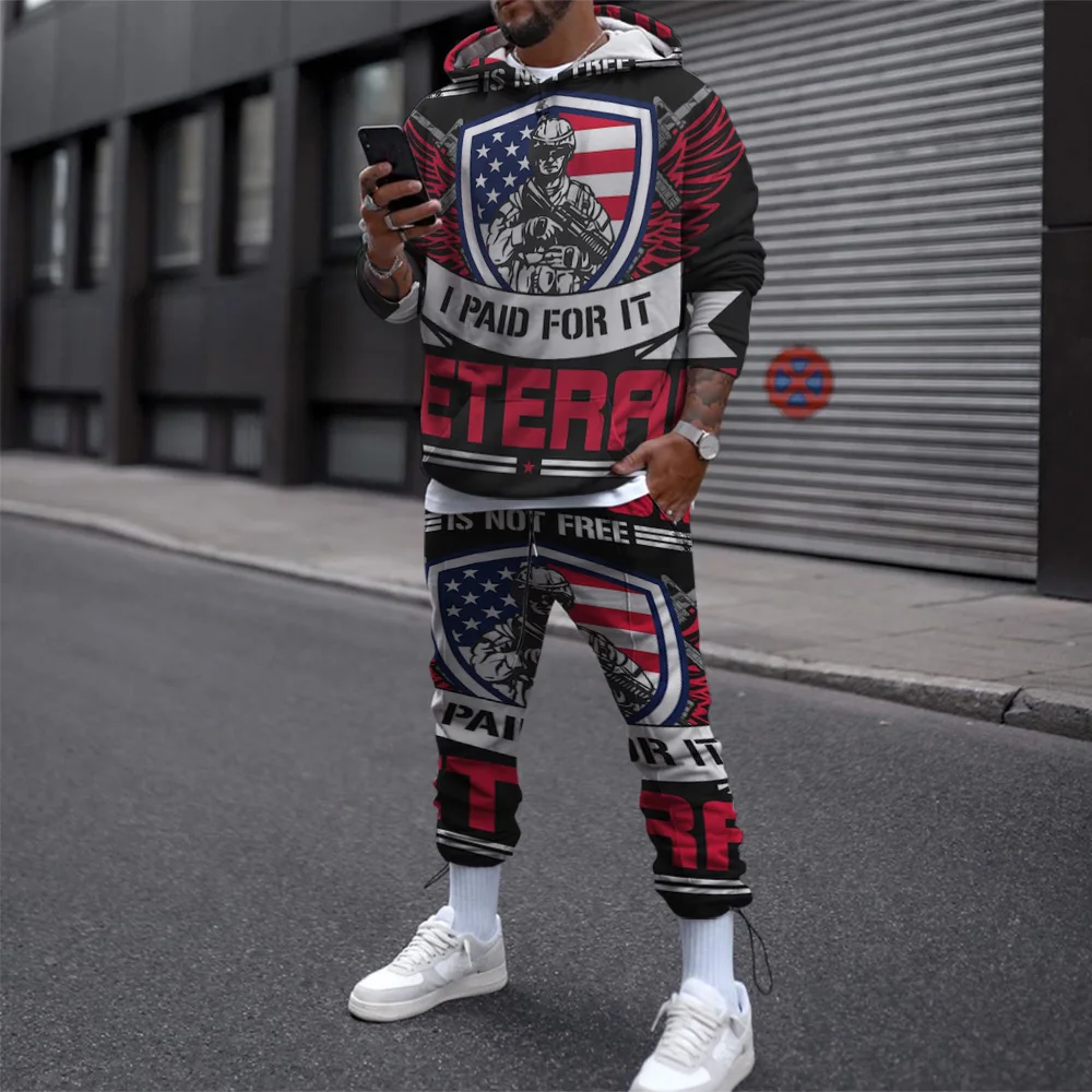 2 Piece Suit Hoodies For Men Autumn 3D Printed Hoodie Happy Veterans Day Festival Men’s Casual Pullover Hooded Sweatshirt Set