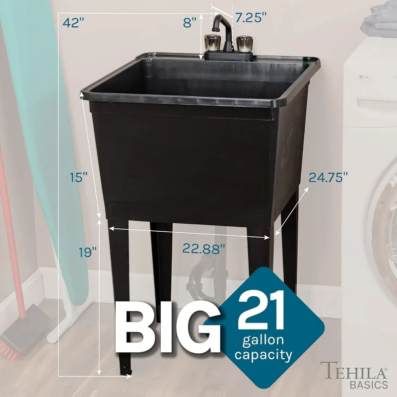 Tehila Basics 21-Gallon Black Freestanding Utility Sink with Black 2-Handle Faucet, Heavy Duty Plastic Laundry 2
