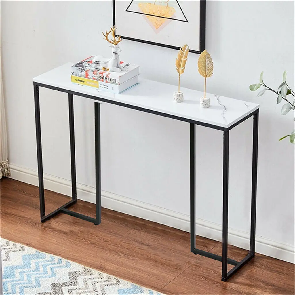 LUVODI 100cm Modern Console Table White Long Sofa Behind Entryway Foyer Black Metal Legs Narrow Design for Living Room