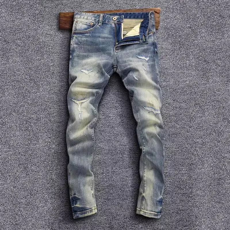 Street Fashion Men Jeans High Quality Retro Blue Stretch Slim Fit Ripped Jeans Men Patched Designer Hip Hop Vintage Denim Pants фото