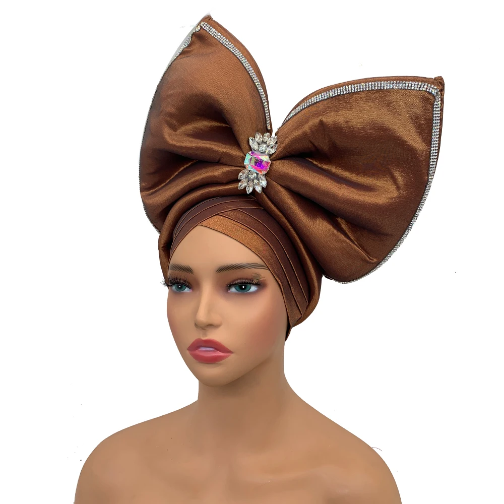 Große Bowknot Turban Kappe Frauen übertrieben Strass Kopf bedeckung Afrikanische Auto gele headtie nigeria Party Kopf bedeckungen Hut Dame Kopf wra – Detail 8