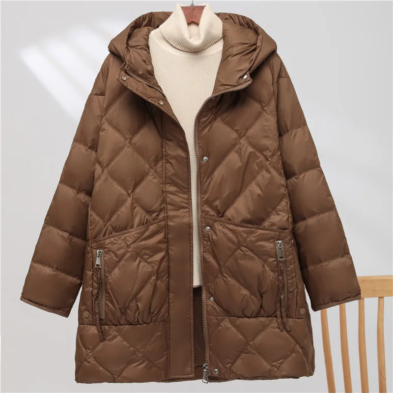 

Down Jacket Women's Winter Hooded Mid-Length 2023 New Middle-Aged Diamond Fashion Loose White Duck down Warm Coat