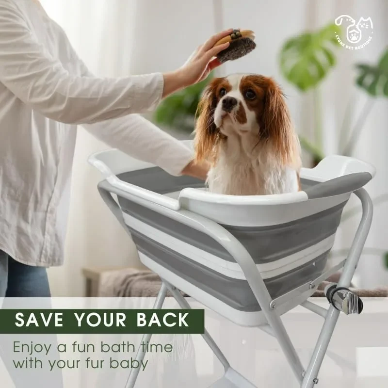 2-in-1 Dog Bathtub & Washing Station, Elevated Collapsible Bathtub with Drainhole, Shower Head Holder & Storage Rack, Foldable 2