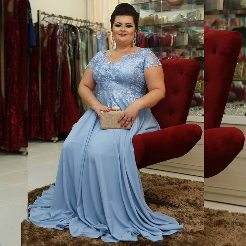 Sky Blue Long Mother of the Bride Dress Plus Size Short Sleeve Formal Occasion Evening Gowns Lace Chiffon Morther Dress of Groom