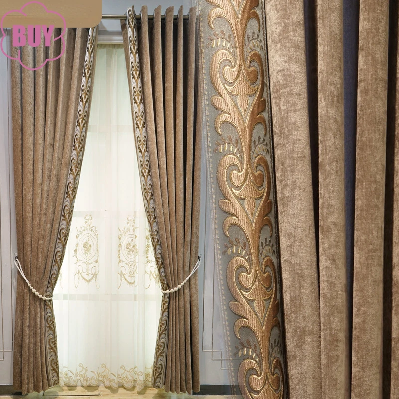 

European Style Curtain for Living Dining Room Bedroom Curtains Luxury Modern Chenille Embroidered Coffee Cloth Custom Curtain