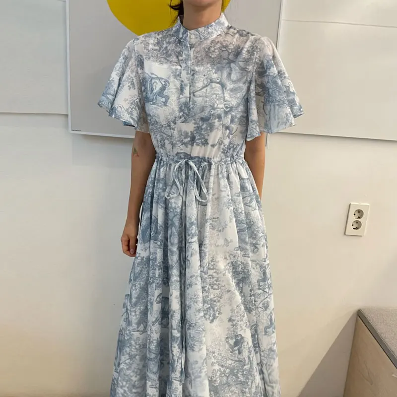 

Stand Collar Print Drawstring Floral Chiffon Dress Maxi Vintage Vestidos Verano 2024 Elegant Shirt Korean Blue Pink Ropa Mujer