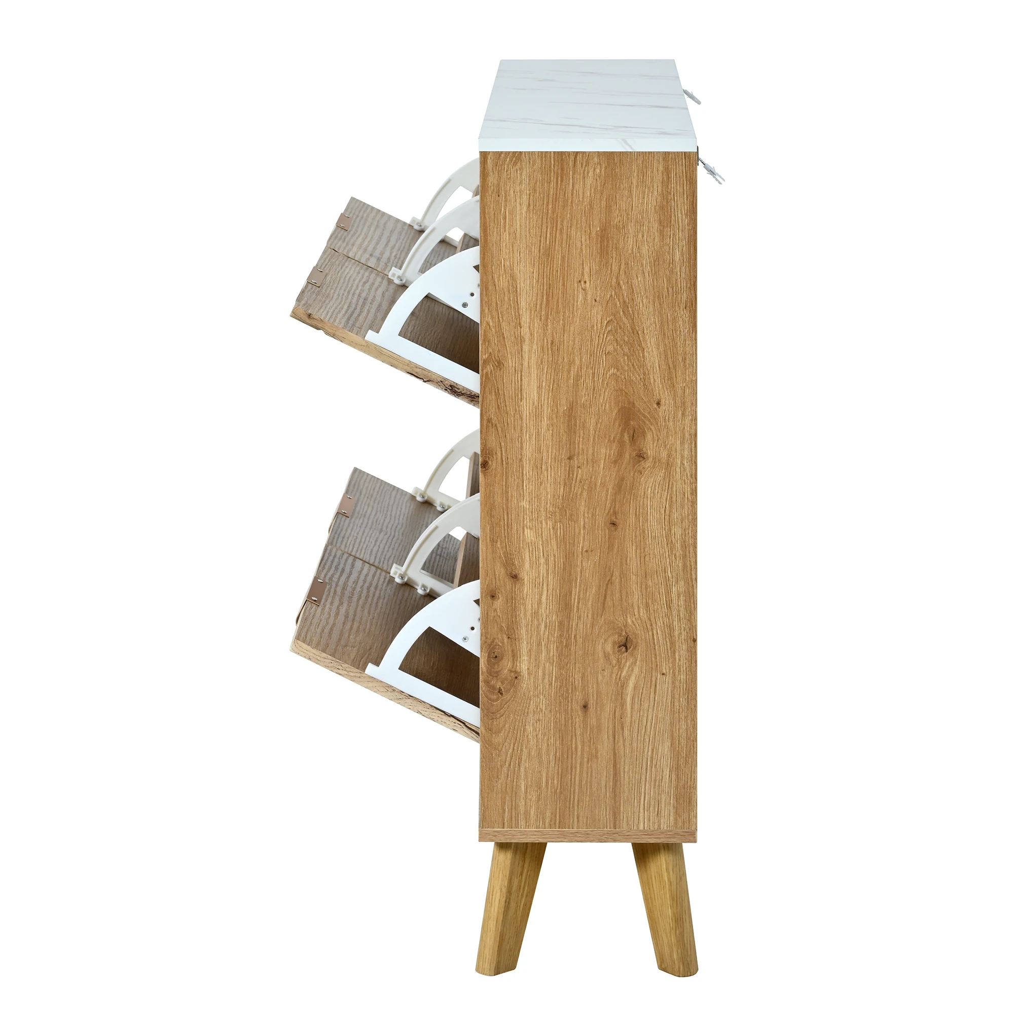 Schuhschrank mit Scharnierdeckel in Holzoptik, vier Türen, großes Fassungsvermögen, Arbeitsplatte in Marmoroptik, 3D-geprägte Türpaneele, konisch zulaufend – Detail 16