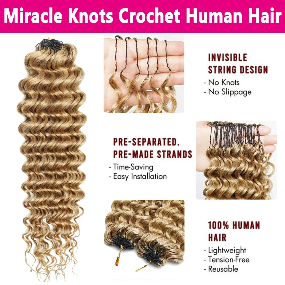 # 27 Ciocche di Capelli Umani Ricci a Onda Profonda Biondo Miele con Nodi Miracolosi per Trecce Boho, Extension per Capelli all'Uncinetto 100% Umani - immagine 3
