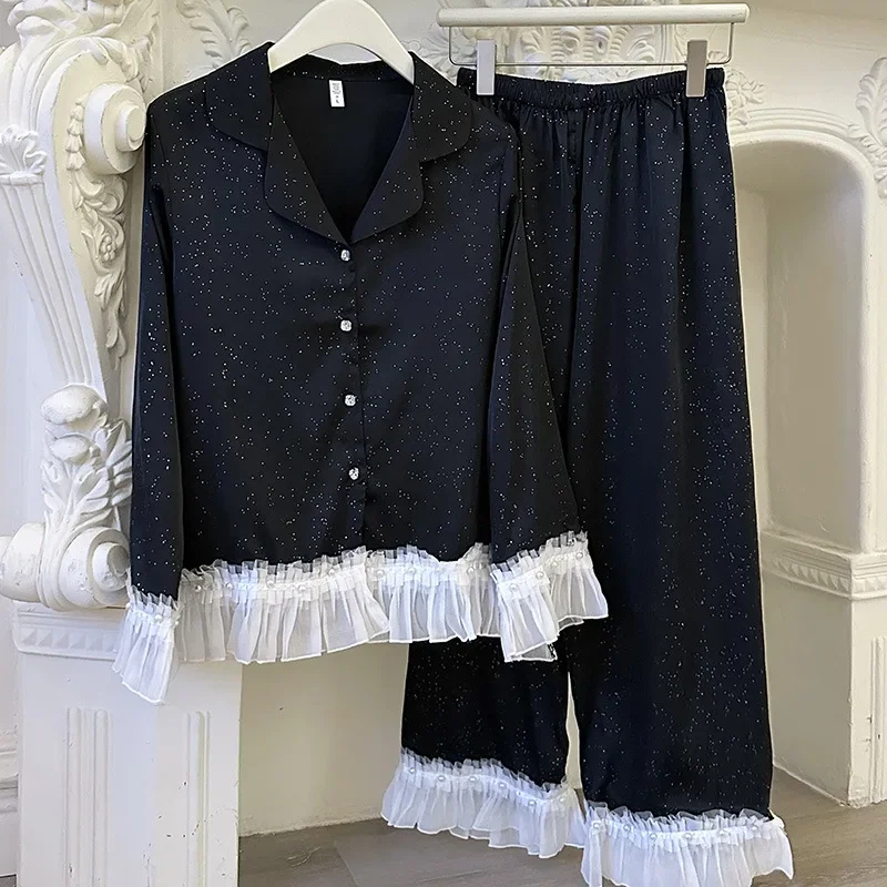 طقم بيجامة حرير نسائي دانتيل كم طويل