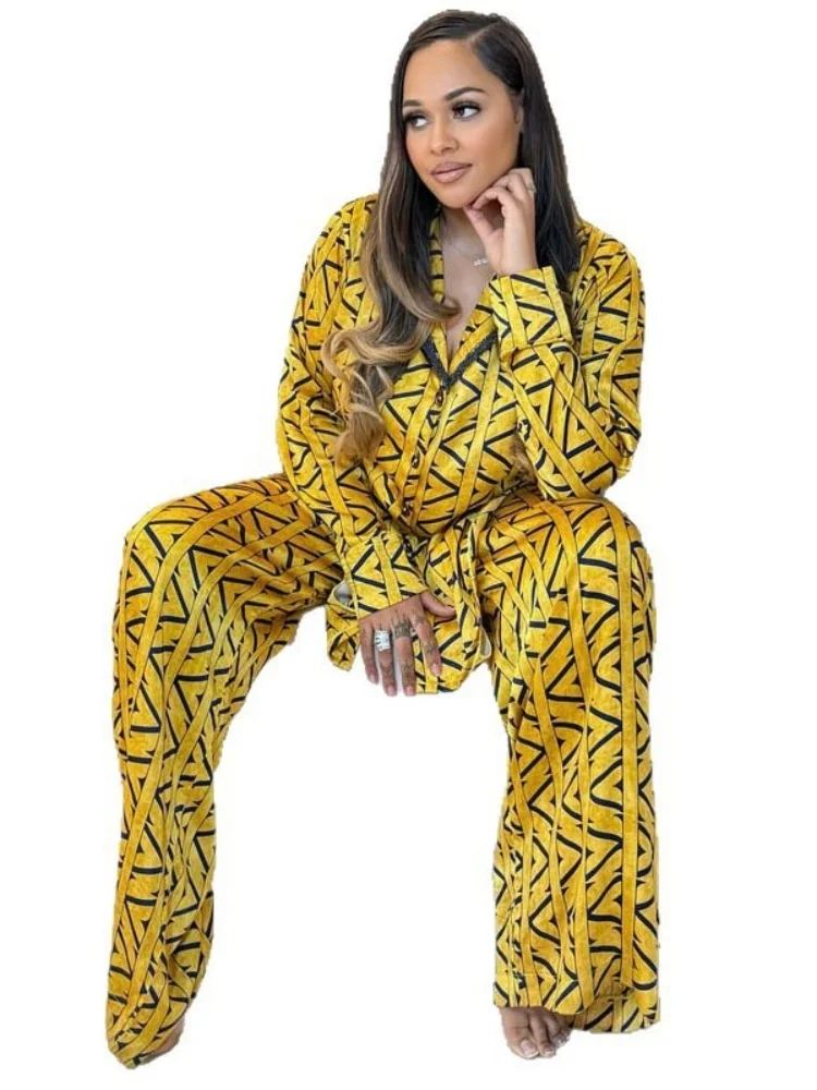 Wmstar Two Piece Set Women Wholesale Large Sized Casual Loose Long Sleeved Printed Shirt Wide Leg Trousers New Style Stylish