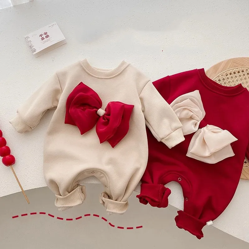 

Newborn Infant Big Bow Pure Color Soft Jumpsuit Baby Cotton Outwear Onesie Autumn New Toddler Boy Girl Long Sleeve Romper