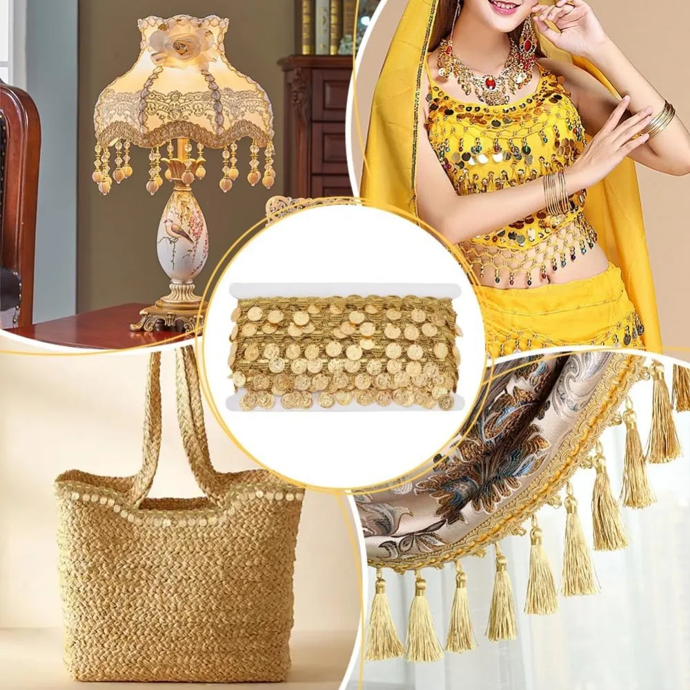 Gold Coin Shape Sequin Tassel Trim Sequins Lace Tassel Fringe Trim 1Roll 10 Yards 1.6 Inchm Width Sequins Lace Ribbon