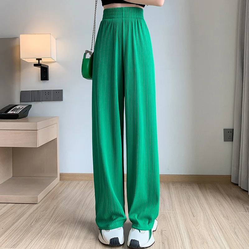Ice Silk Wide Legs Women's 2024 Summer Spliced Elasticized Screw Thread Pocket Fashion Solid Color Loose Casual Straight Pants