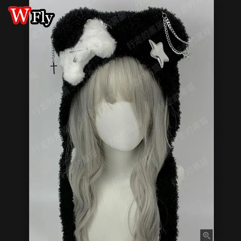 Wool Hat Women&rsquo;s Gothic Harajuku Punk Lolita Y2K Spicy Girls Original Subculture Bear Hat Cute Little Bone Cross Star Wings Wool Hats