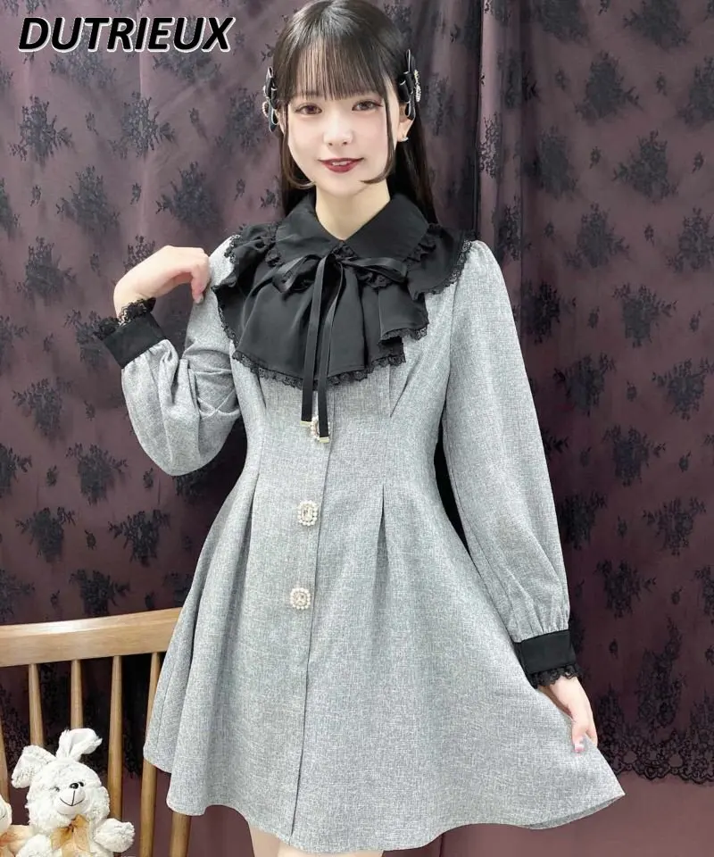 

Lolita Japanese Sweet Girls Long Sleeve Op Dress Ins Wear Bloggers Same Style Spring New Ribbon Cute Slim Mid-Length Dress