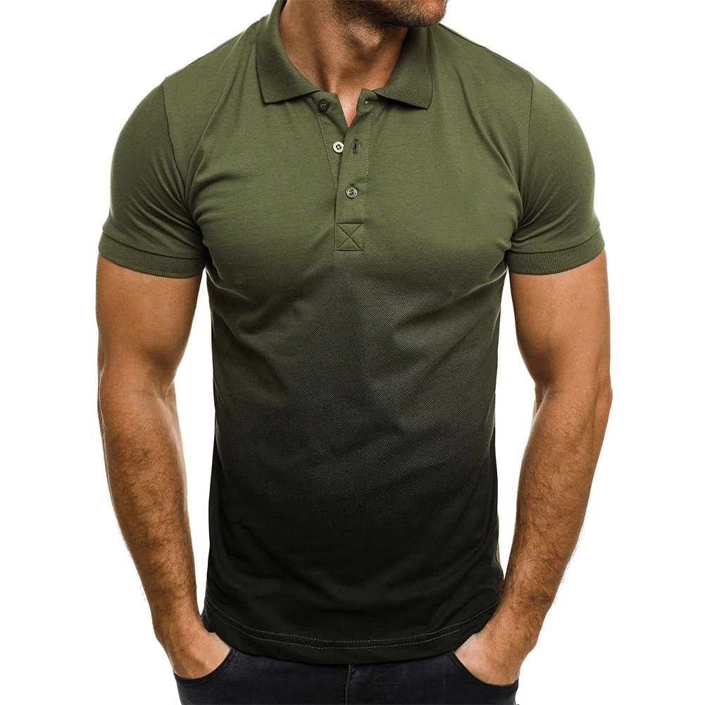 

Mens Zip Collared Gradient Short Sleeve Shirts Business Slim Blouse Tops T-Shirt