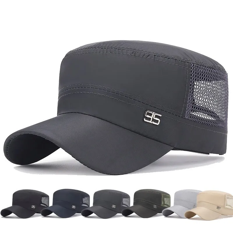 New Classic Flat Top Mens Caps Army Hat Adjustable Linen Cap Spring Summer Outdoor Breathable Mesh Military Snapback Hats