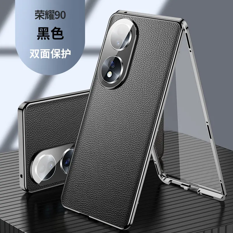 360 Full Protection Metal Bumper Clear Front Glass Case For Honor 90 Honor90 5G with Back PU Leather Skin Cover Phone Protector