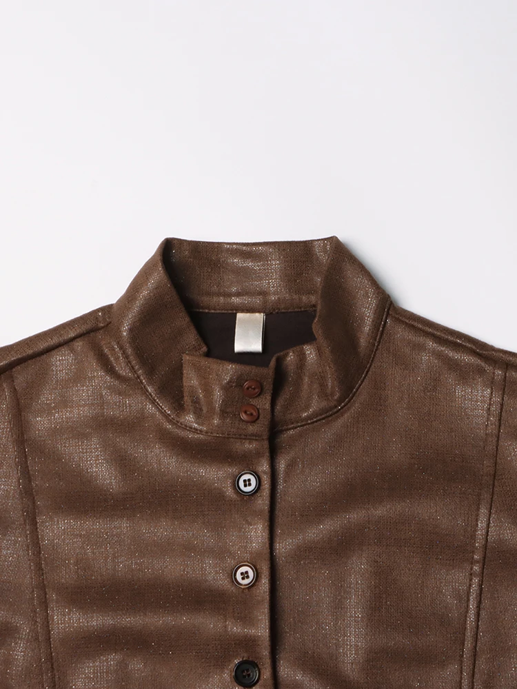 TWOTWINSTYLE Solid Patchwork Lace Up Leather Coat Stand Collar Long Sleeve Spliced Single Breasted Vintage Coats Female Style