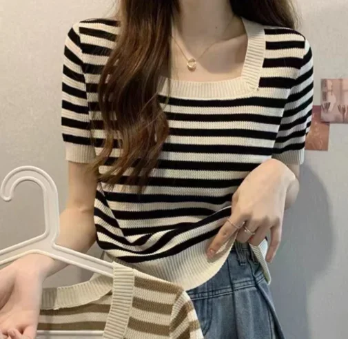 

Square neck black striped short sleeved T-shirt for women