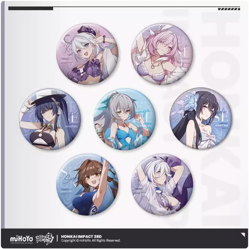 

2024 аниме Honkai Impact 3 для отдыха летняя серия третья круглая Жесть значок Райден Мэй Misteln Schariac Li Sushang брошь