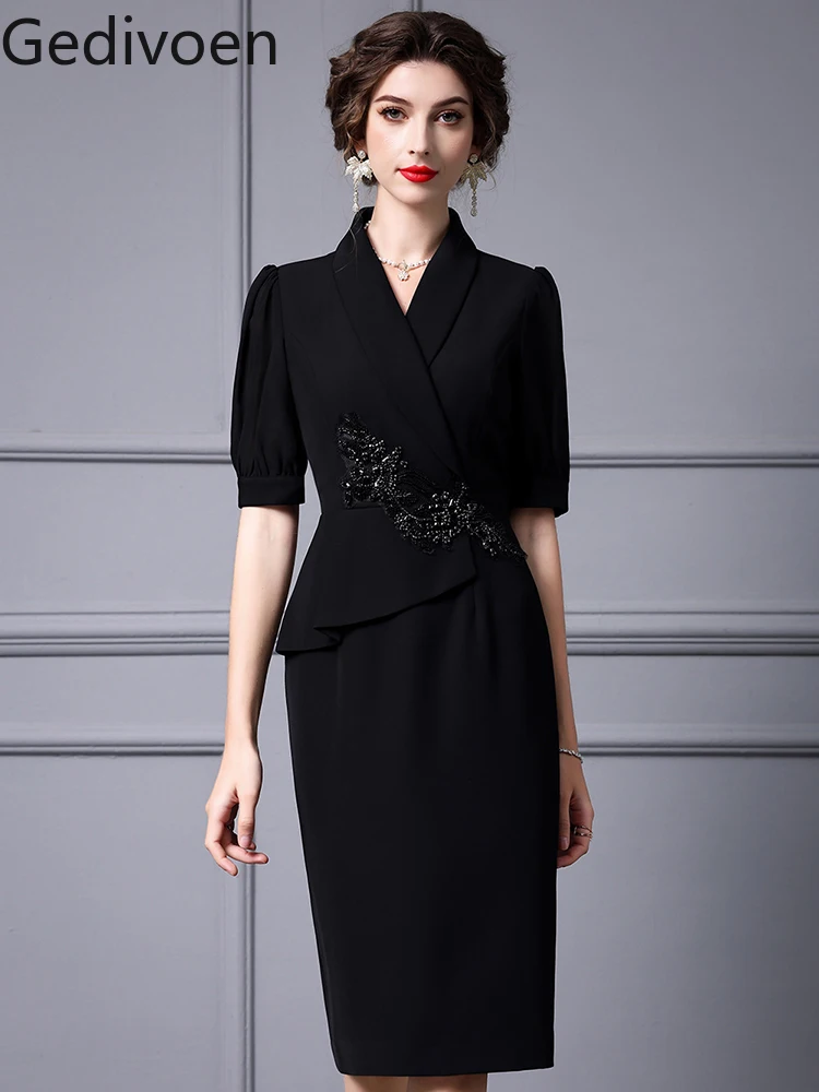 

Gedivoen Autumn Fashion Designer Office Lady Style Dress Puff Sleeve Embroidered Flares Elegant Office Hip Wrap Dress