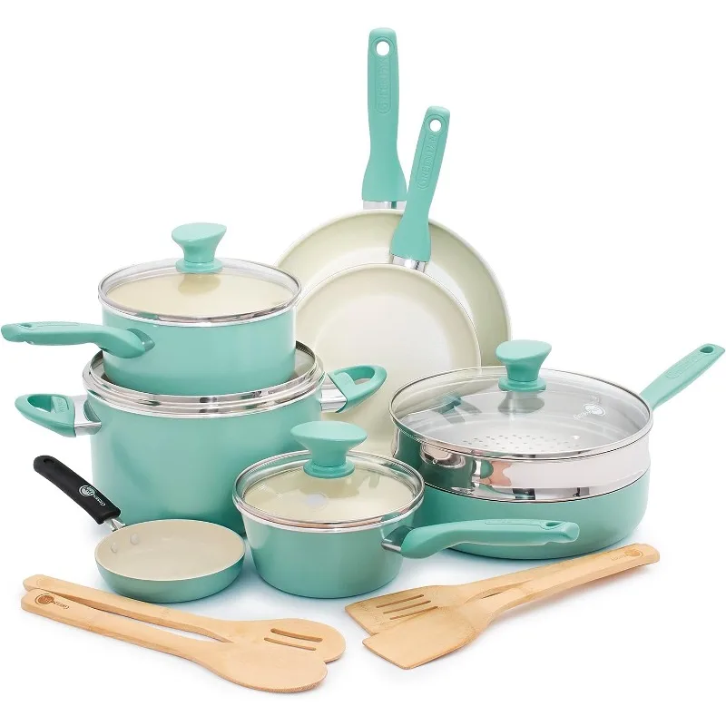 

GreenPan Rio Healthy Ceramic Nonstick 16 Piece Cookware Pots and Pans Set, PFAS-Free, Dishwasher Safe, Turquoise