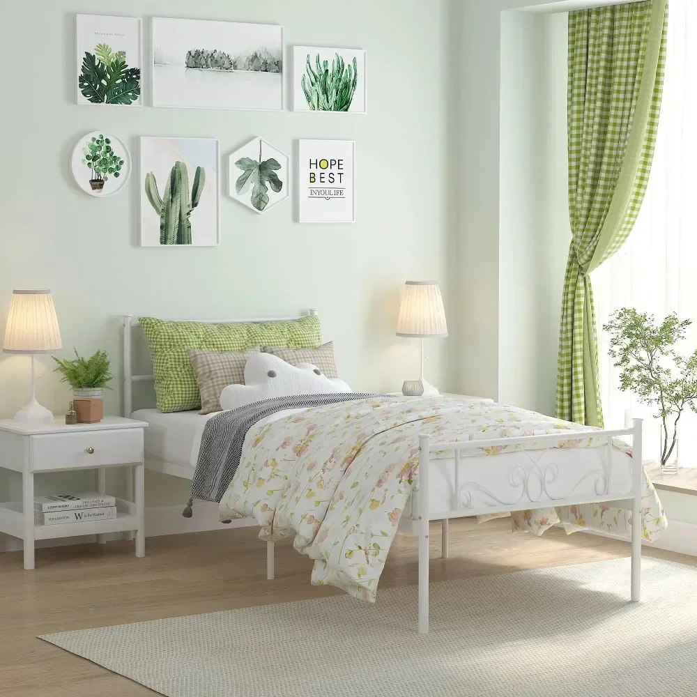 

Easy Set-up Premium Metal Bed, Platform Bed No Box Spring with Headboard and Footboard, Twin, Best Gift for Kids