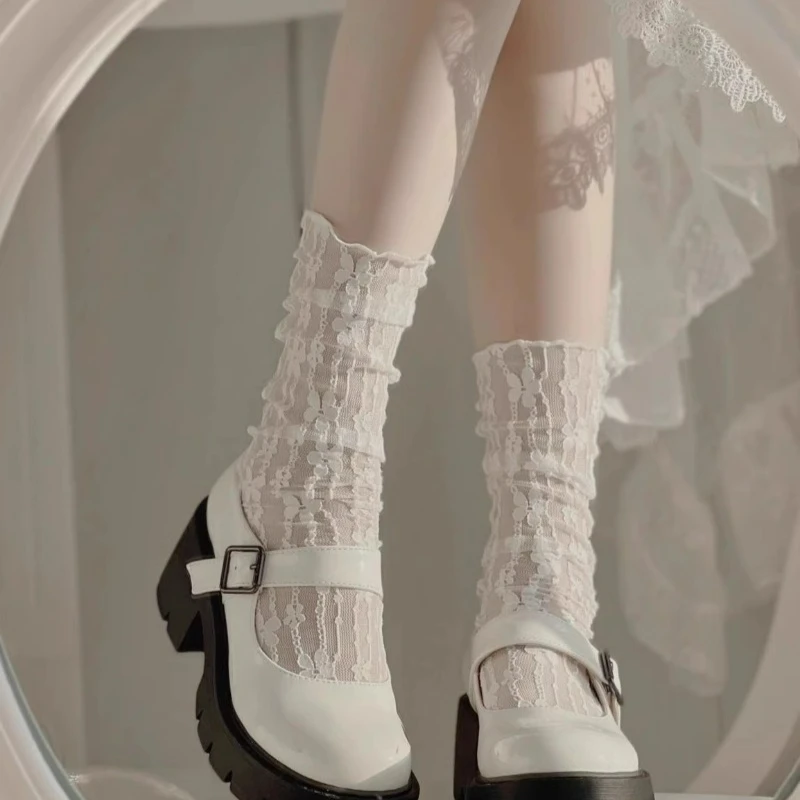 Women Lolita Ultra-thin Transparent Floral Lace Socks Japanese Style Harajuku Sweet Middle Tube Socks Hollow Mesh Crew Socks