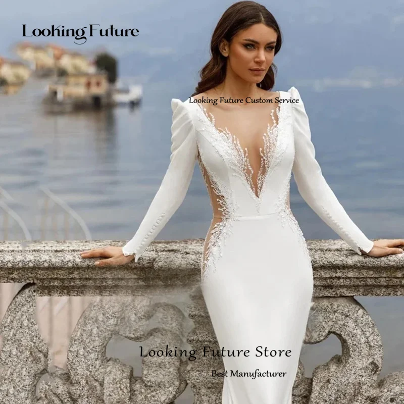 Abito da sposa classico a sirena Sexy con scollo a v profondo Illusion Backless Boho Appliques a maniche lunghe abito da sposa abito da sposa da spiaggia 2024