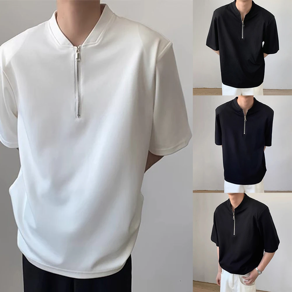 Description Picture 3 of itemHot New Business Casual Mens T Shirt Blouse Casual Half Open Neck Muscle Office Shirt Short Sleeve Solid Color