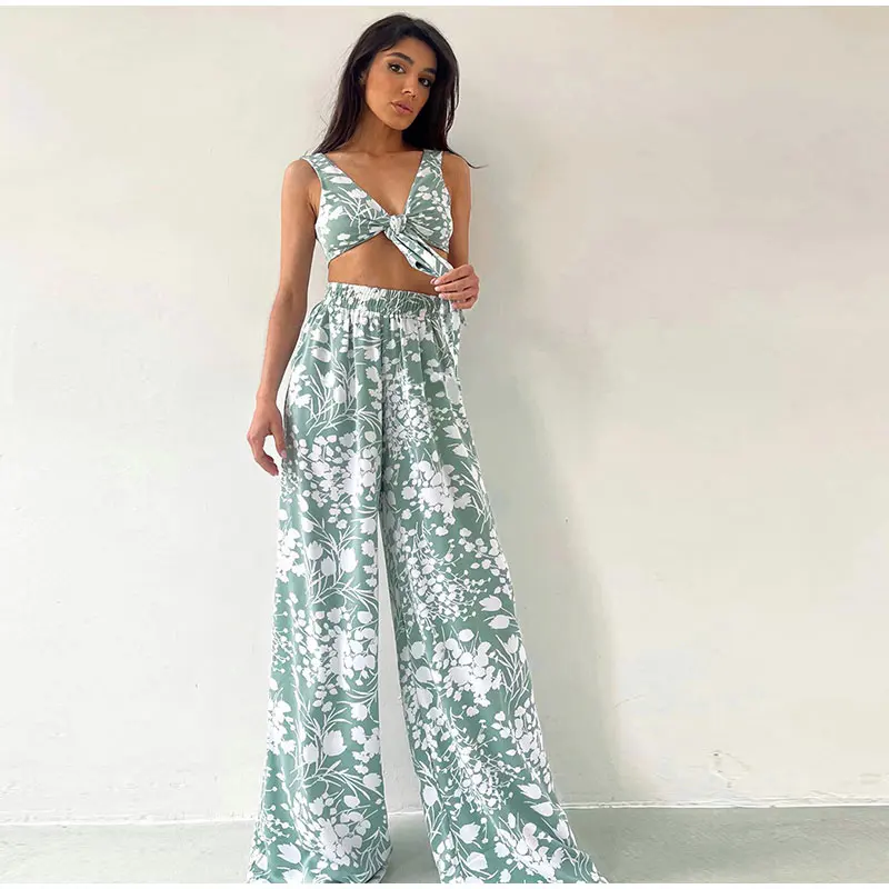 Loungewear Set 3-Piece   Women’s Spring Summer Homewear Outfits Floral Printed Pant Three Piece Sets Elegant Bra Tops And Wide Leg Pants Cardigan Suit Female Shirt Vacation Getaway Holiday Suits for Woman in Green