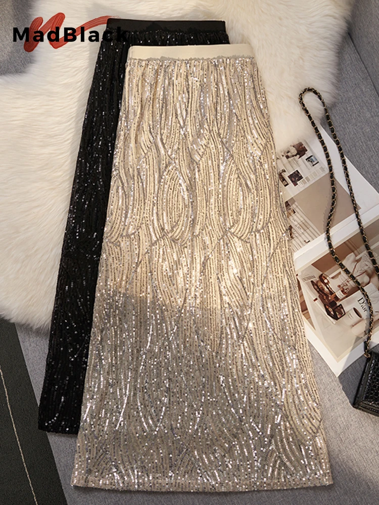 

MadBlack Spring Summer Sequin Skirts Chic Sexy Shiny Full Diamonds Women Stretch High Waist Maxi Skirt Glittering Bling B33621X