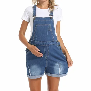 Pregnant Women Denim Overalls Maternity Loose Adjustable Strap Ripped Shortalls Rompers Spring Summer Casual Pregnancy Clothing