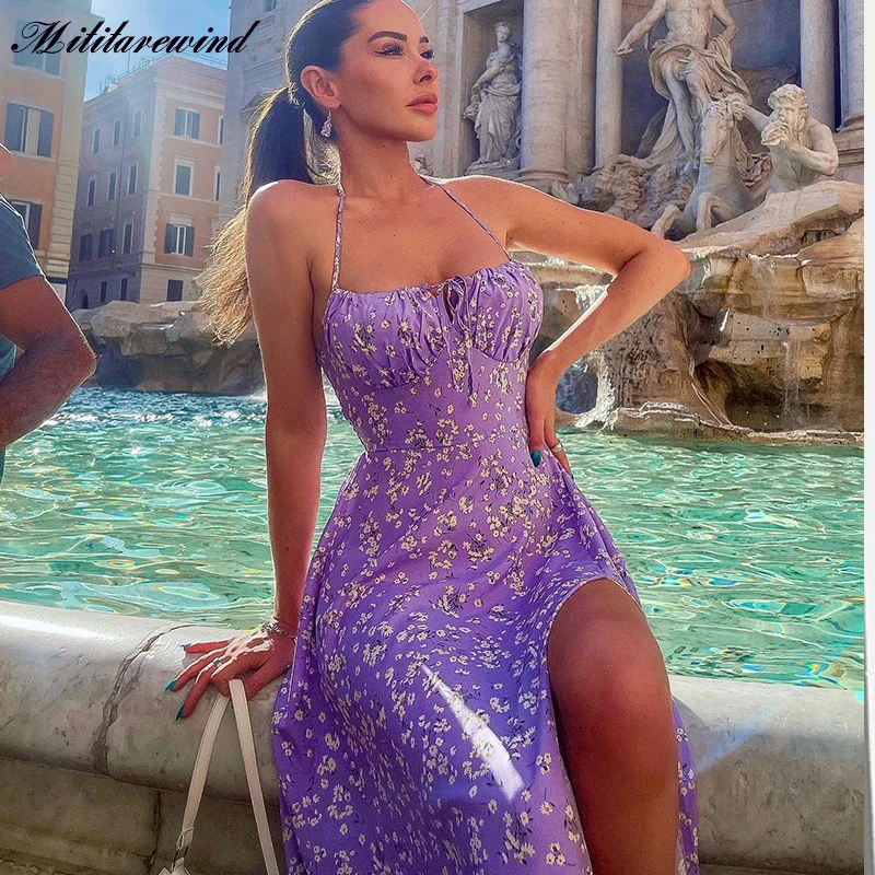 

2023 Fashion New Flower Print Dresses Sleeveless Women Side Split Slash Neck Pullover Sheath Bodycon Skinny Irregular Dresses