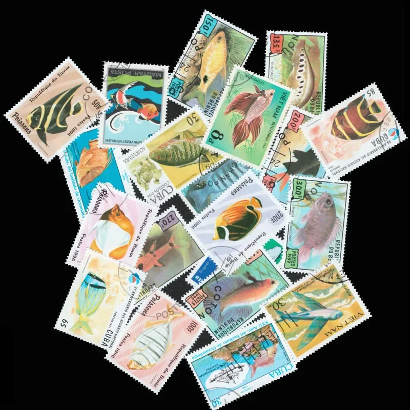 Fish marine life Pcs/lot Topic Stamps Original Postage Stamp Postmark Good Condition All Different Froms World postage stamps