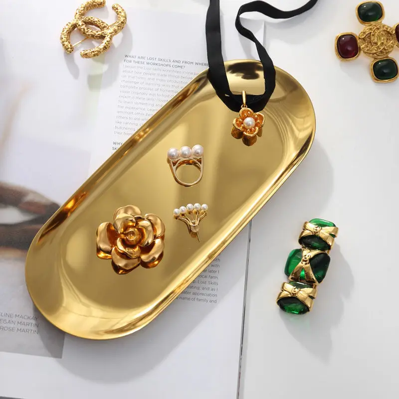 Stainless Steel European Oval Gold Tray Thickened Western Food Dessert Single Layer Flat Tray Jewelry Item Multi-Purpose Storage 3