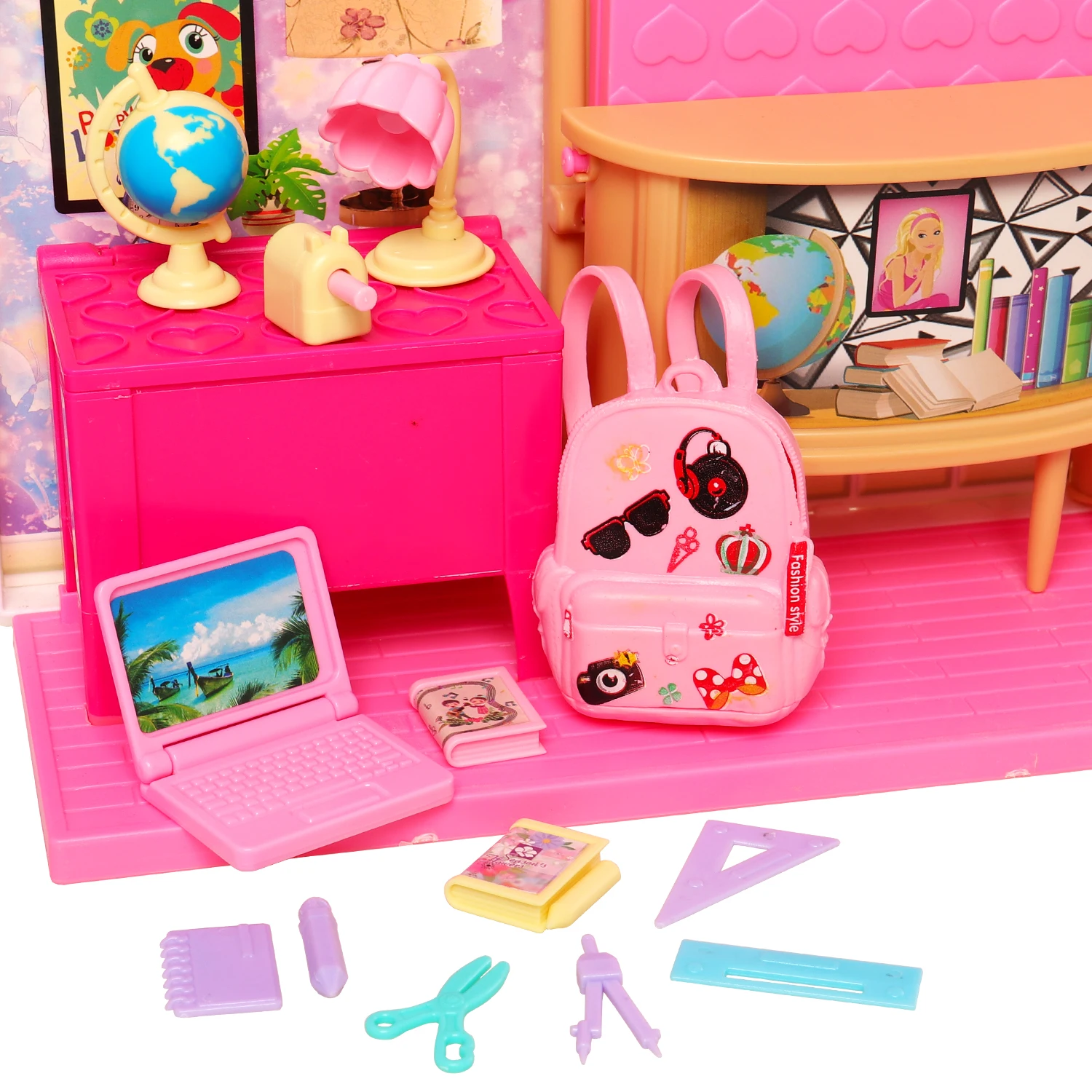 Niedliches Miniatur-Puppenhaus, Lernzubehör für Puppen, 18-teilig, Mini-Laptop, Lineal, Globus, Bleistift, Tischlampe für Barbie, Kinderspielzeug – Detail 6
