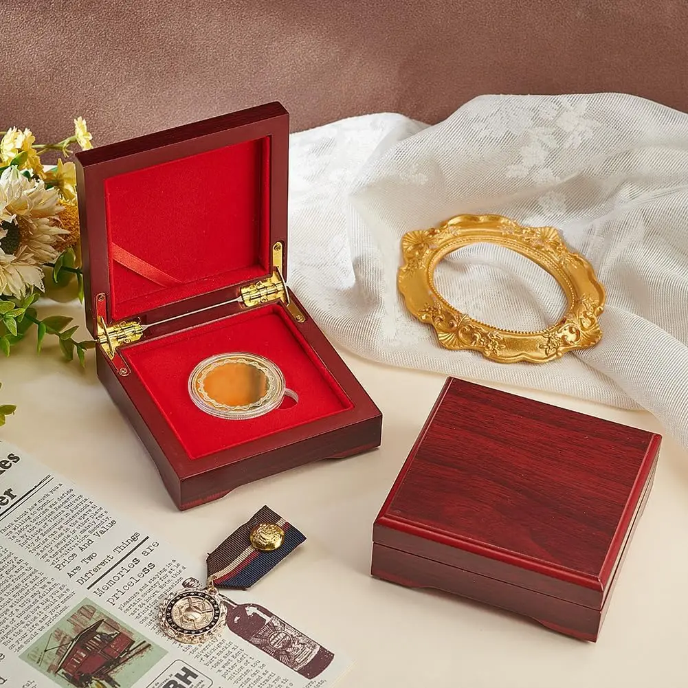 1pc 챌린지 코인 우드 프레젠테이션 박스 1.57인치 코인 또는 상금용 벨벳 내부가 있는 진한 빨간색 사각형 나무 기념 -  AliExpress