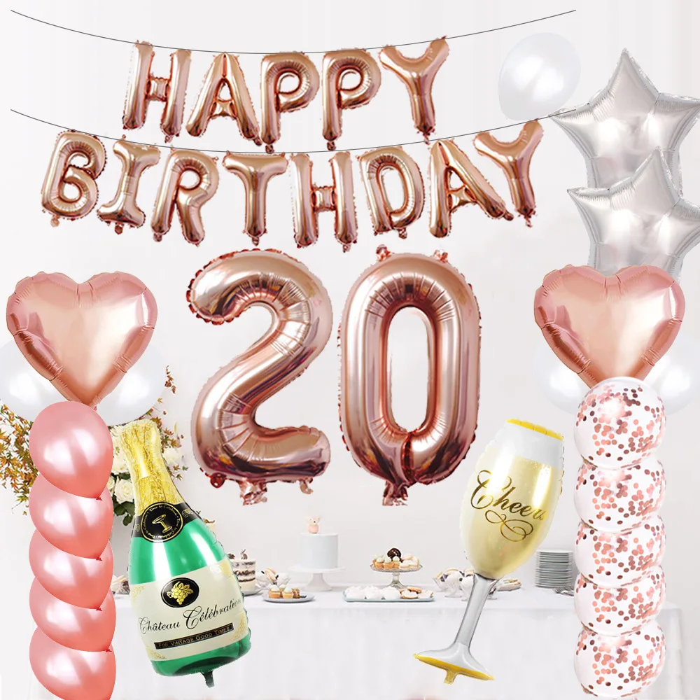 20 번째 생일 축하 풍선 세트, 실버 소녀 장식 배경, 로즈 골드 배너, 파티 용품 풍선 키트