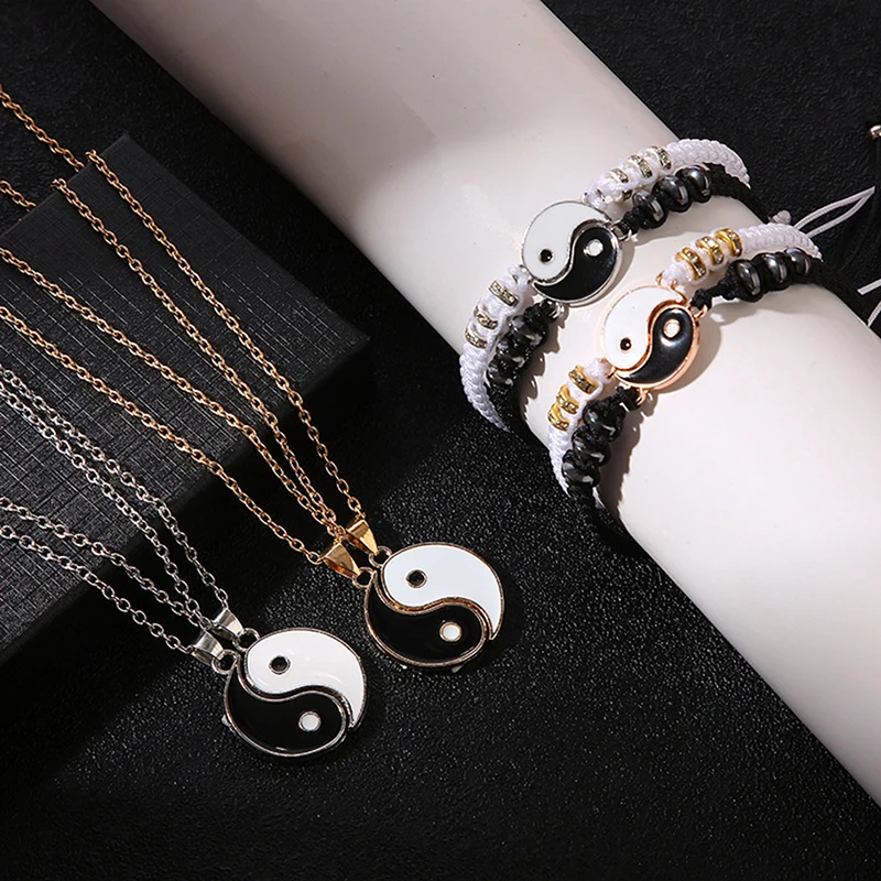 2Pcs Tai Chi Yin Yang Couple Bracelets Necklaces Set Pendant Adjustable Braid Chain Bracelet Matching Lover Bracelets Choker bangle bracelet chain bracelet woven bracelets