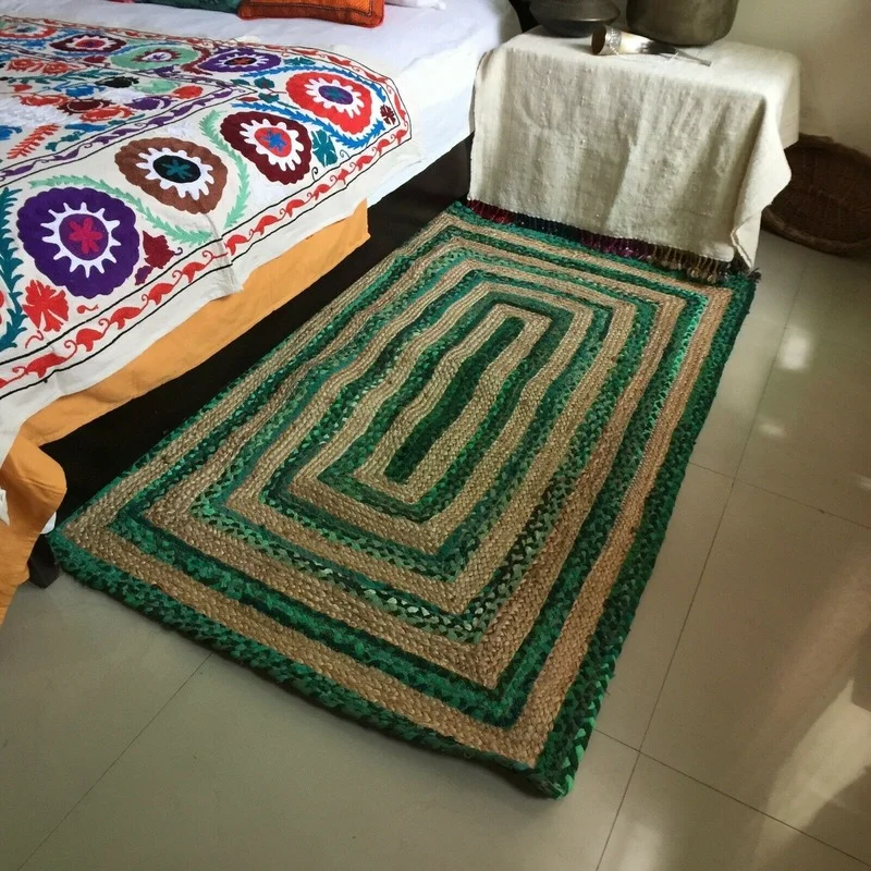 녹색 줄무늬 깔개 자연 황마 및 면화 바닥 매트 Handloom 꼰 스타일 직사각형 카펫 거실 지역 깔개