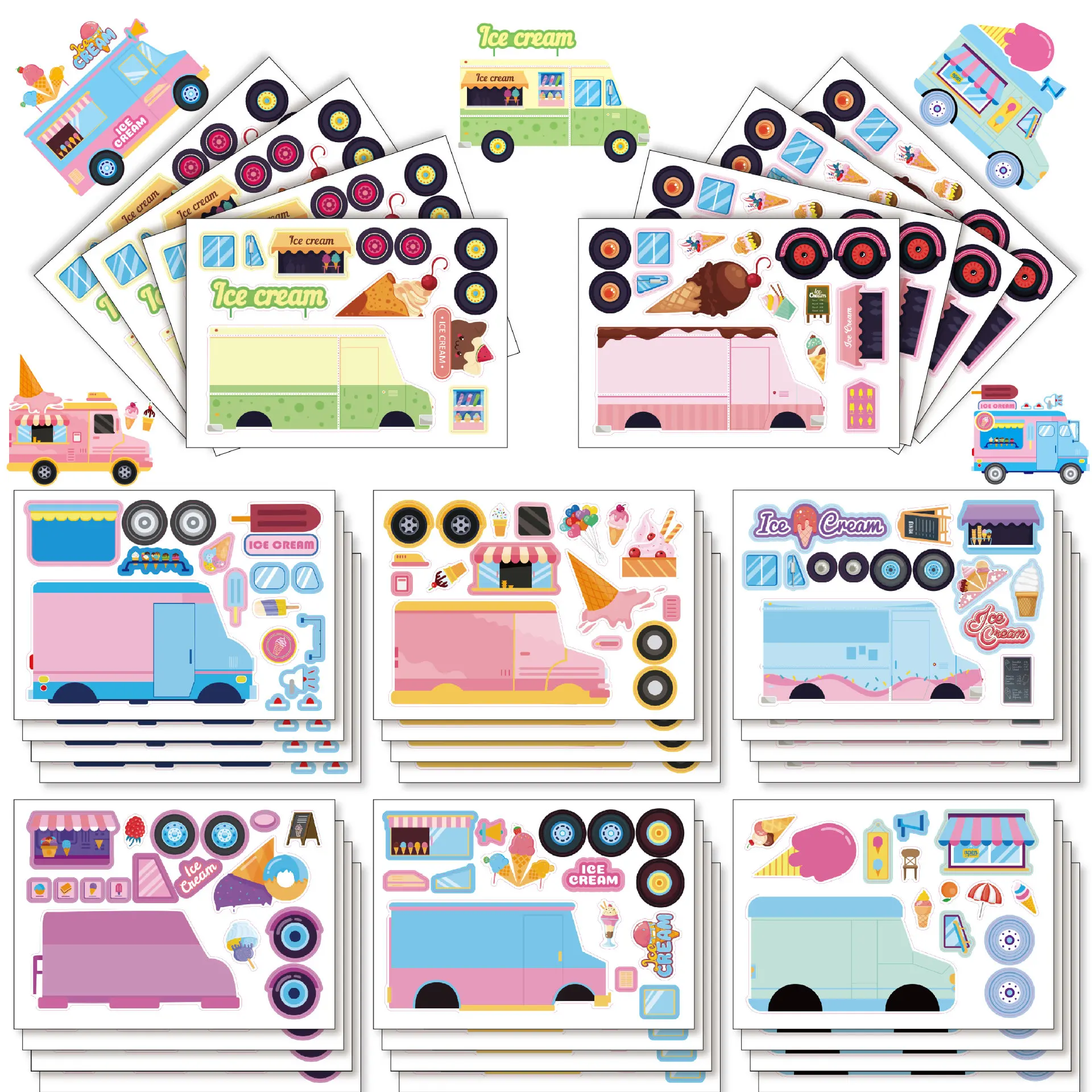 8/16 Blatt Eiscreme-Truck Gesichter-Bastelsticker, interaktives Eltern-Kind-Puzzle, DIY-Notizbuch, Handytasche, klassisches Kinderspielzeug
