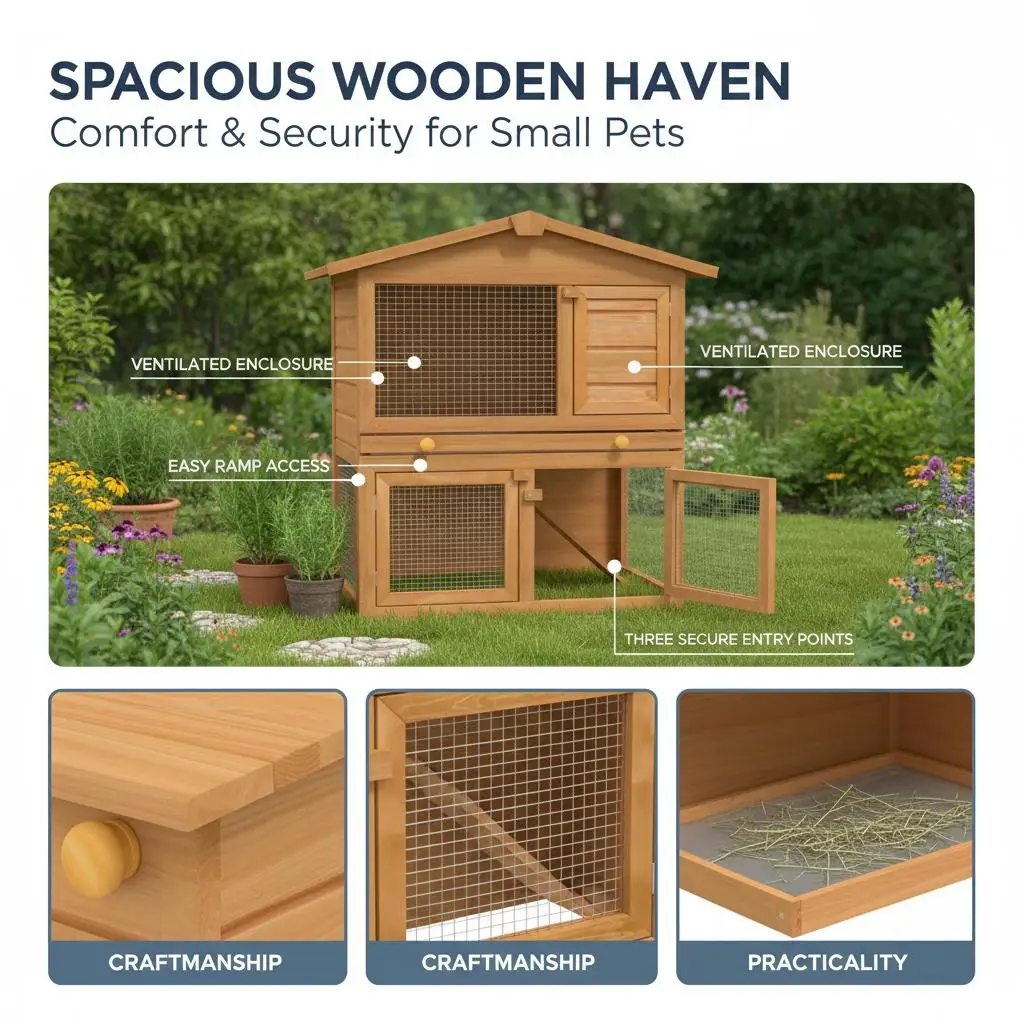 Holz-Kaninchenstall für draußen mit 3 Türen, 2 geräumigen Ebenen, wasserdichtem Dach, Rampe und ausziehbarem Liegeplatz für Kaninchen und Kleintiere – Detail 6