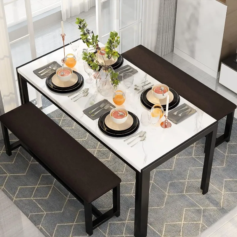

Dining Room Table Set with 2 Benches, Dining Table Set for 4-6, Dinner Set for 4, Faux Marble Breakfast Table