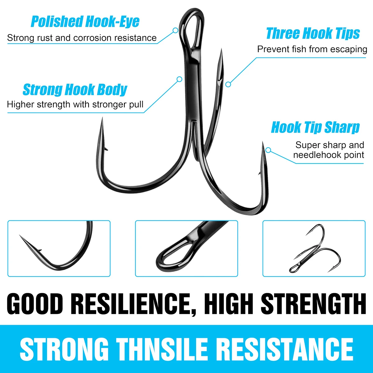 200er-Pack Angel-Drillinge-Set, Haken aus Kohlenstoffstahl, starke, scharfe, runde Biegung mit geteilten Ringen für Köder – Detail 5