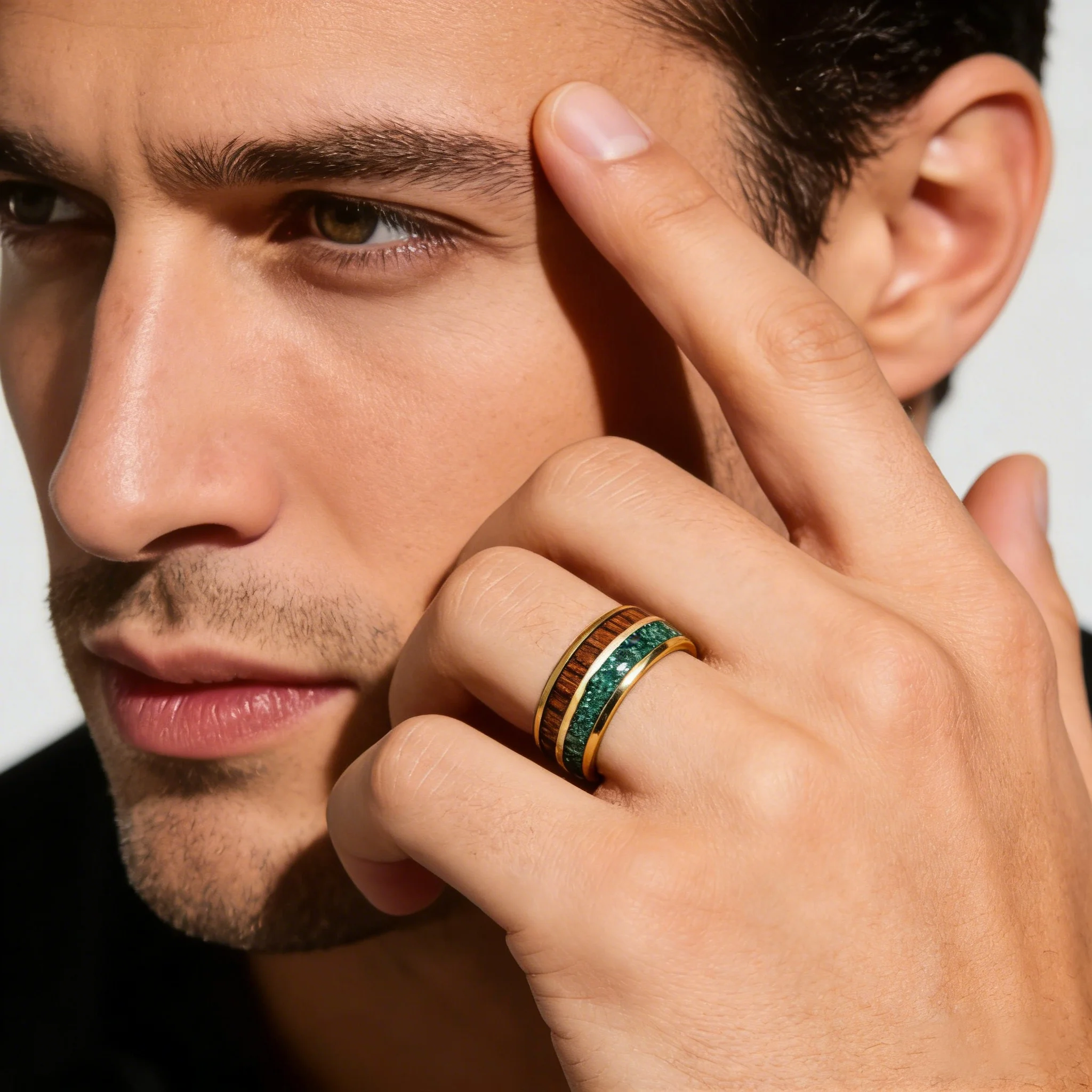 With Malachite and Koa Wood Inlay Fashion 8mm Golden Men Stainless Steel Rings for Men Wedding Band Jewelry Gift Drop Shipping 6